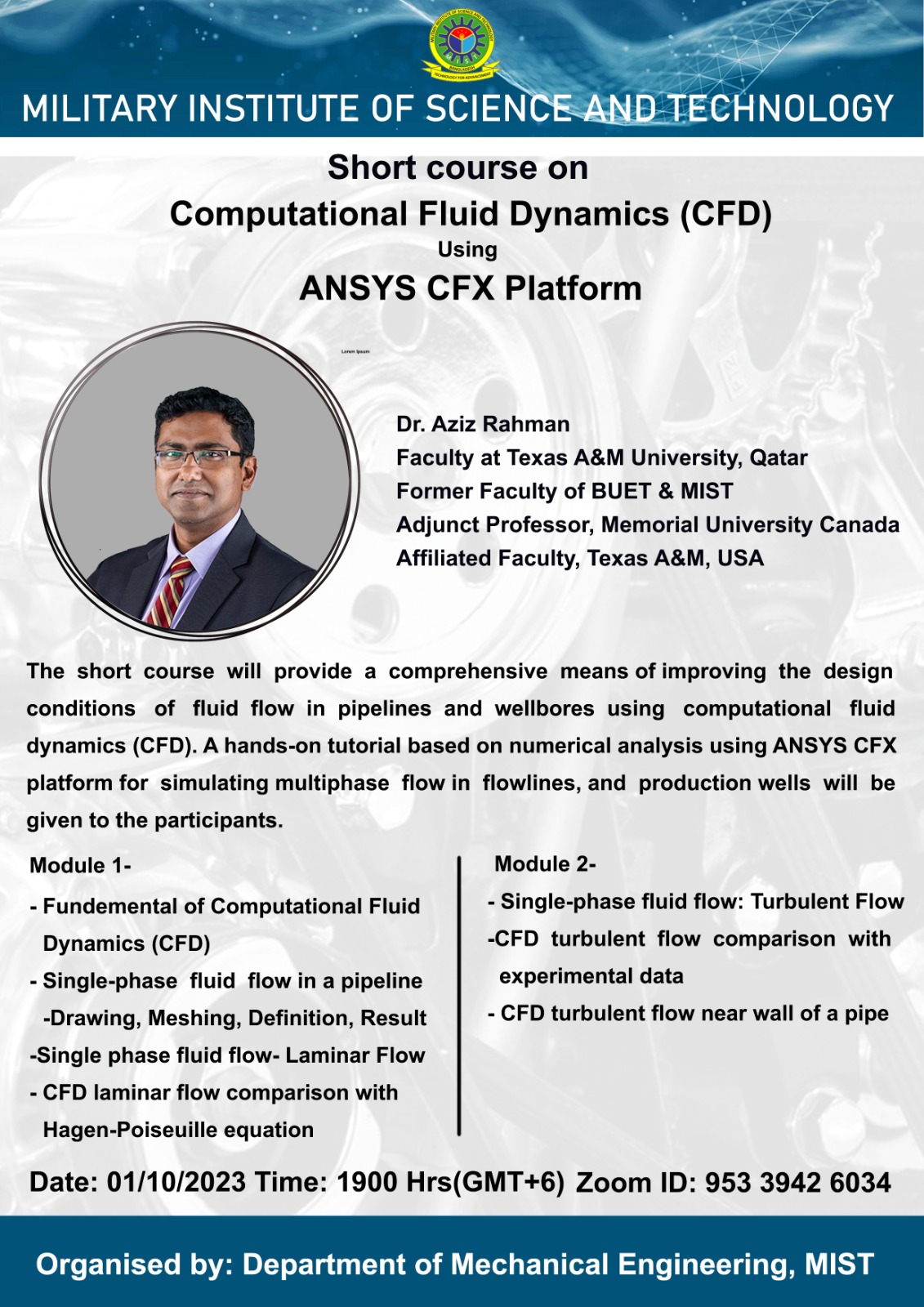 Short Course on Computational Fluid Dynamics (CFD) using ANSYS CFX Platform